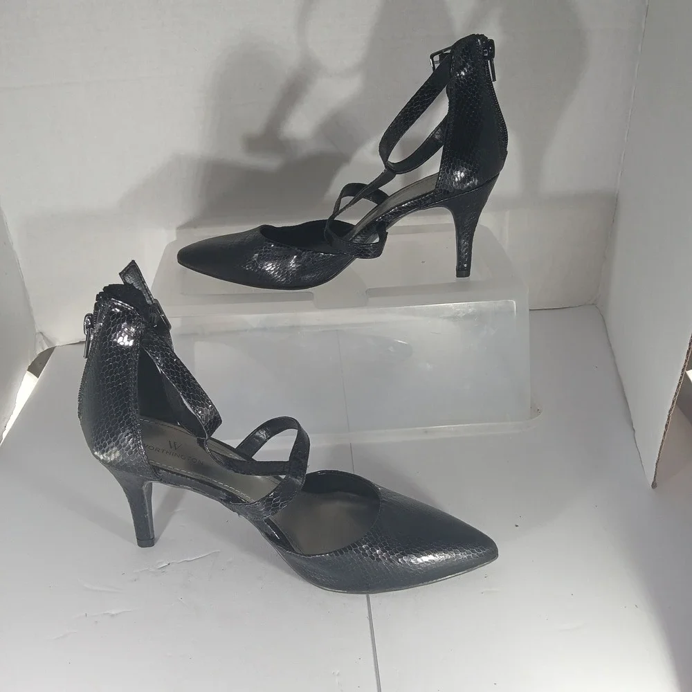 Worthington Pointed Toe Pumps 8.5 Black Snakeskin Strappy Stiletto X881